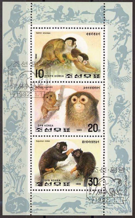 (1992-003a) Лист (3 м) Северная Корея &quot;Обезьяны&quot;   Год обезьяны III Θ